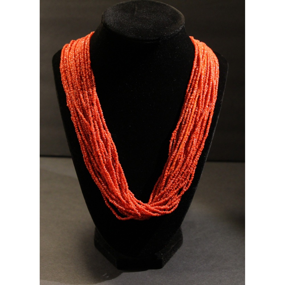 Red Coral Glass Seed Bead 28 strand Necklace 30" Long Silver Tone Pre-Owned (A2)